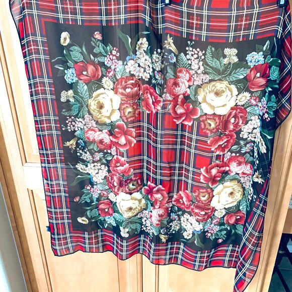 Ralph Lauren 100% Silk Scarf – Tartan Plaid with Floral Design 33”x33” Hand Rol - Picture 3 of 7